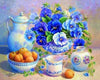 Diamond painting with a variety of purple/ blue flowers