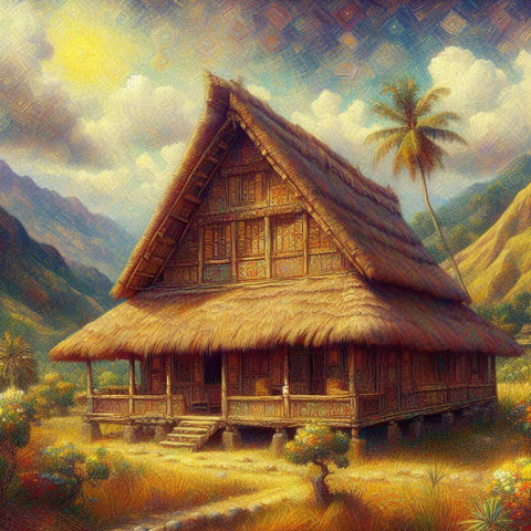 Image of Sparkling diamond painting showcasing a modern nipa hut.