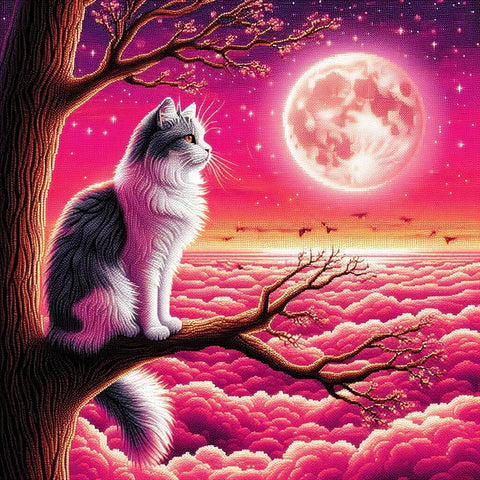 Image of Cat sitting on tree branch looking at moon diamond painting