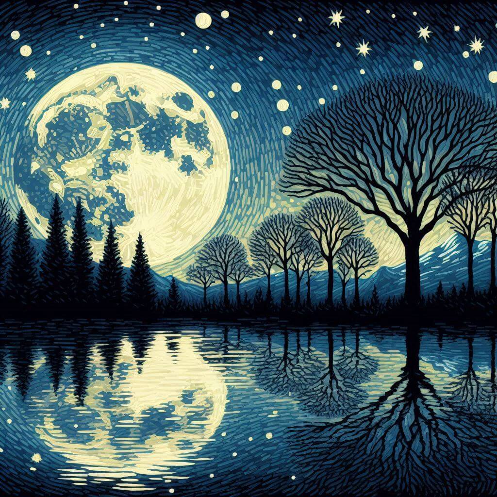 Diamond painting of a full moon reflecting on a calm lake at night. 