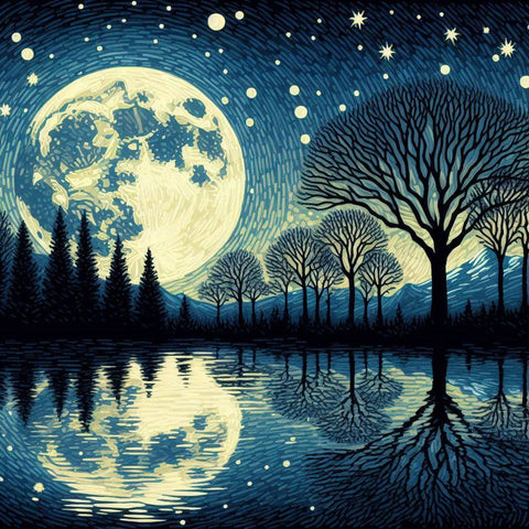 Image of Diamond painting of a full moon reflecting on a calm lake at night. 