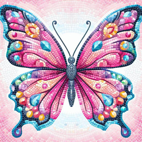 Image of Diamond painting of mosaic butterfly resembling stained glass art. 