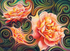 Diamond painting of two roses in a mosaic pattern.