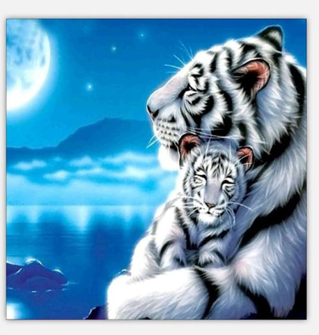 Image of Diamond painting of a mother tiger cuddling her playful cub.