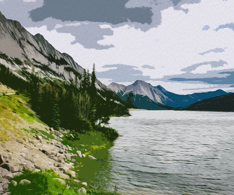 Image of Diamond Painting of a Mountain Lake Landscape with Cloudy Sky