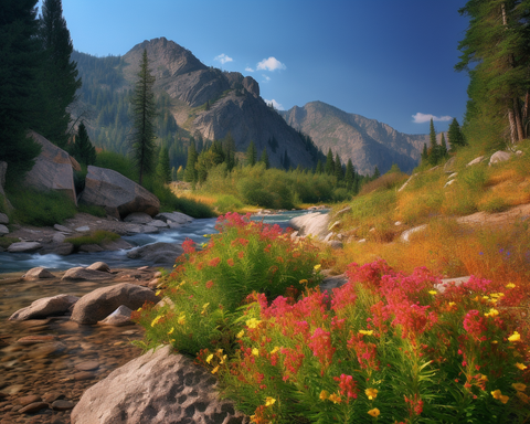 Image of Diamond painting of a serene mountain landscape with a flowing river and colorful wildflowers