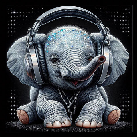 Image of Diamond painting of an Elephant wearing headphones, music lover.