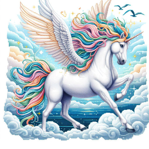 Image of Diamond painting of a majestic white unicorn with a flowing rainbow mane and tail.