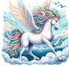 Diamond painting of a majestic white unicorn with a flowing rainbow mane and tail.
