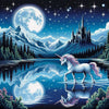 Diamond painting artwork of a mythical unicorn standing near a castle by a lake.