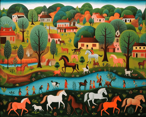 Image of Diamond painting of a colorful scene with horses, people, trees, and houses in a naive art style.