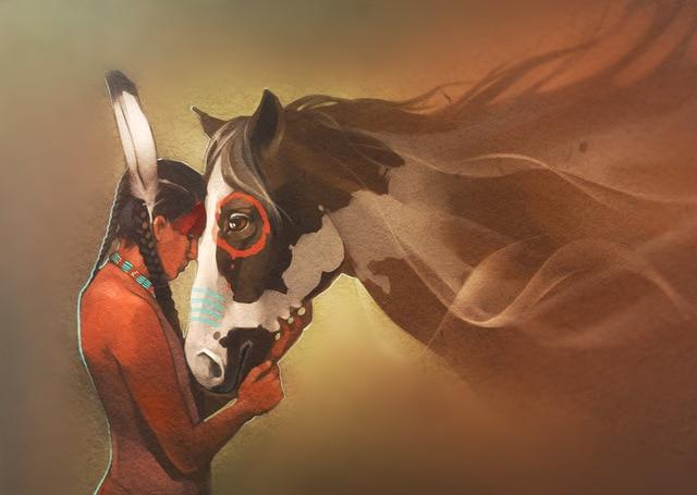 Diamond painting of a Native American man in traditional clothing, adorned with feathers, standing proudly beside a horse on the plains.