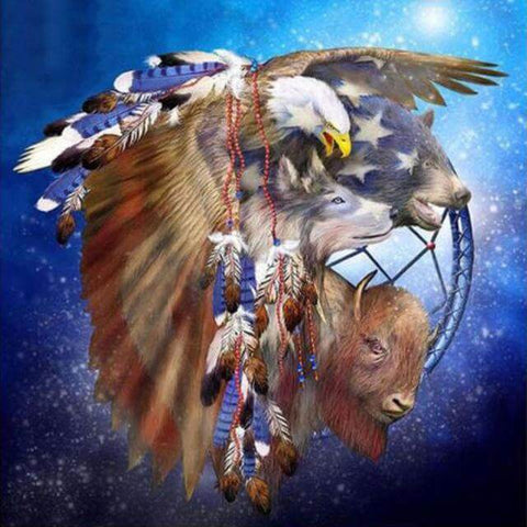 Image of Diamond painting of a Native American-inspired scene with an eagle, wolf, bear, and bison surrounding a dreamcatcher