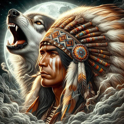 Image of Diamond painting of a native American and his wolf companion beneath the moon