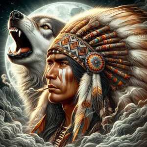 Diamond painting of a native American and his wolf companion beneath the moon