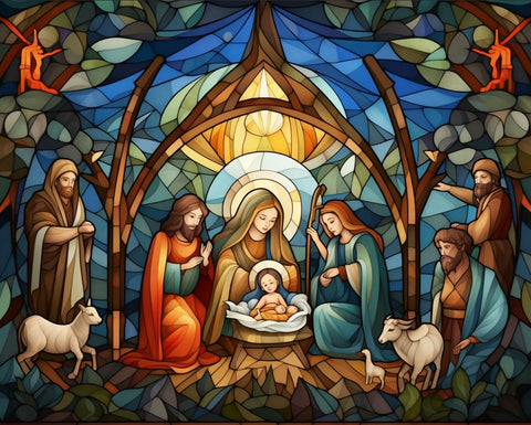 Image of Diamond painting kit featuring a beautiful stained glass scene of the Nativity with the Holy Family