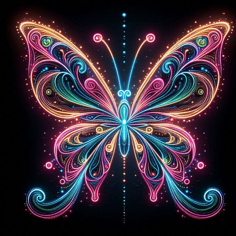 Image of vibrant diamond painting of a neon butterfly with intricate patterns