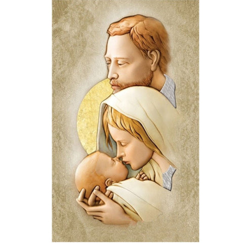 Image of Diamond painting depicting the nativity scene with newborn baby Jesus, Virgin Mary, and Saint Joseph.