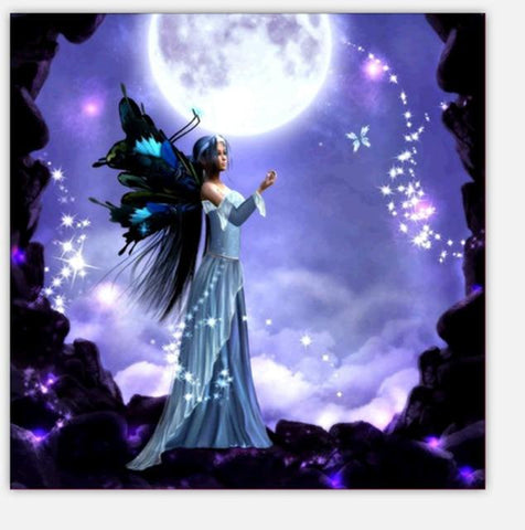 Image of Diamond painting of an enchanting night fairy bathed in the light of a full moon. 