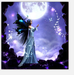 Diamond painting of an enchanting night fairy bathed in the light of a full moon. 