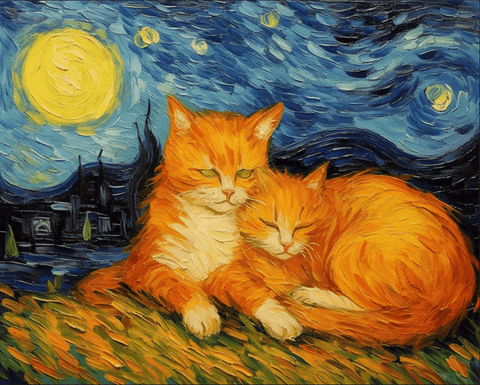 Image of Diamond Painting of Two Orange Cats in a Starry Night Style