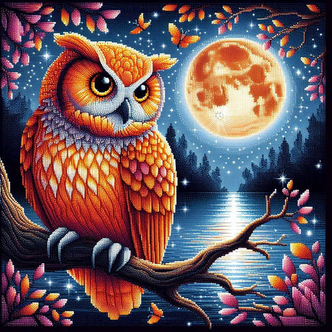 Image of Diamond painting of an owl perched on a branch under the glow of the moon.