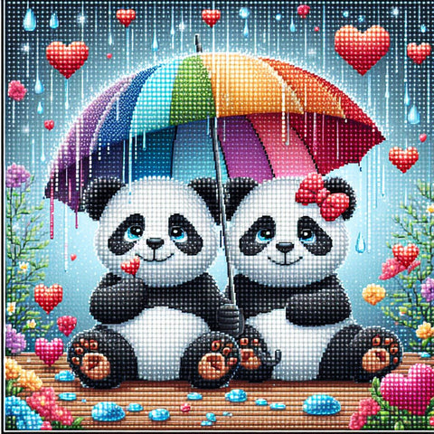 Image of Diamond painting of two pandas under an umbrella with raining hearts