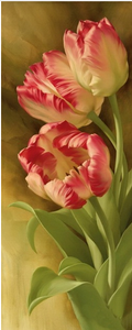 Diamond painting featuring three peach colored lilies with green leaves.