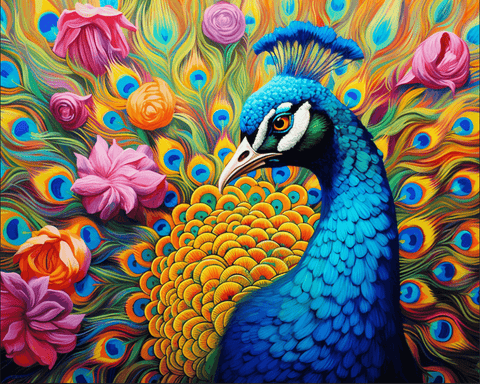 Image of A vibrant diamond painting of a peacock with colorful feathers, surrounded by blooming flowers.