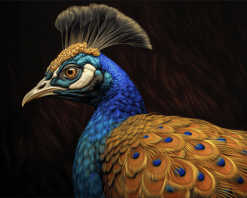 Image of A close-up portrait of a peacock, showcasing its vibrant blue and gold feathers and intricate details.