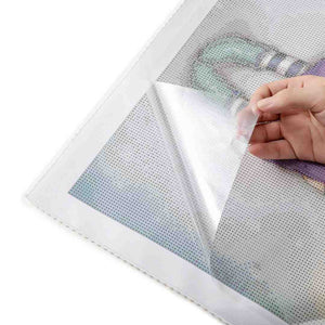 Assorted diamond painting accessories including resin diamonds, tweezers, a pen tool, a wax pad, and sorting tray on a white background