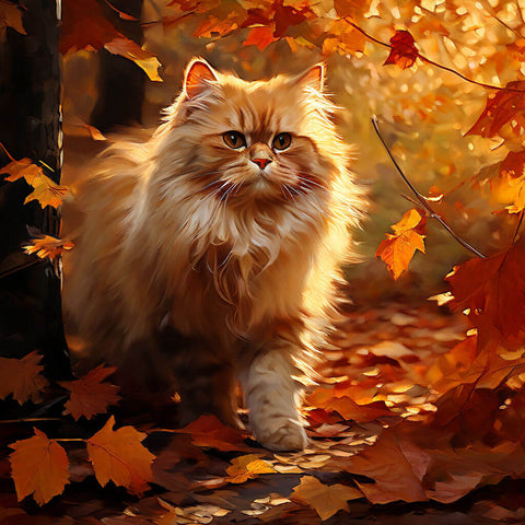 Image of Persian cat walking through autumn leaves, diamond painting.