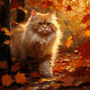 Persian cat walking through autumn leaves, diamond painting.