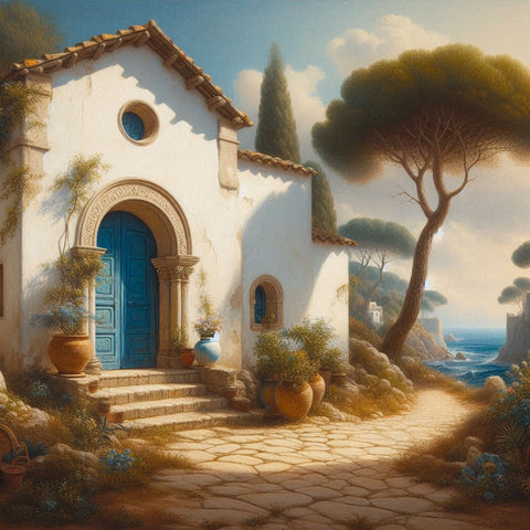 Image of Sparkling diamond painting of picturesque Mediterranean landscape with houses