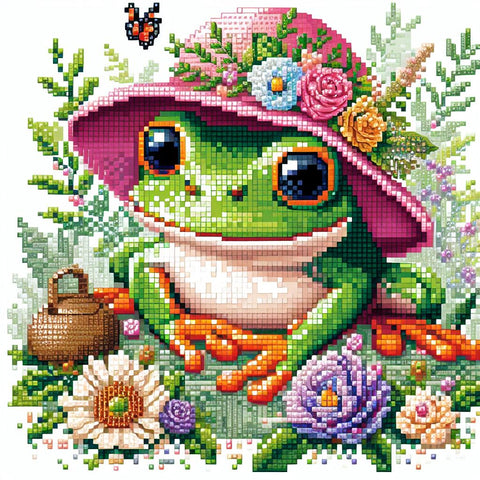 Image of Diamond painting artwork of an adorable frog wearing a pink hat, surrounded by flowers.