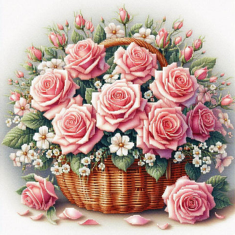 Image of pink rose bouquet diamond painting basket floral art