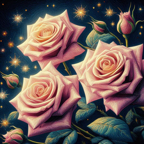 Image of Diamond painting of pink roses in full bloom.