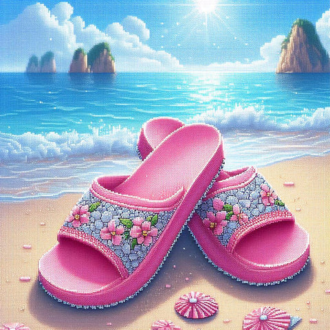 Image of Pink sandals on a sandy beach, diamond painting.