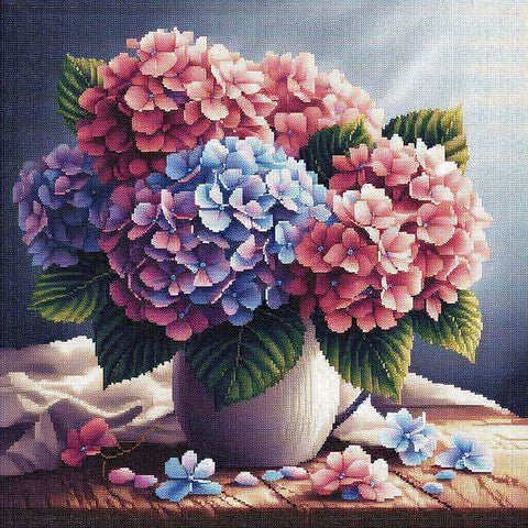 Image of Stunning diamond painting featuring a beautiful bouquet of pink and blue hydrangeas.