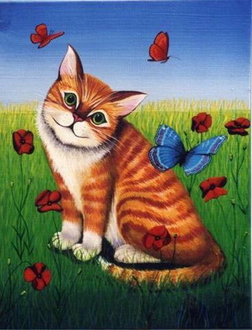 Image of Diamond painting of a curious cat watching colorful butterflies.