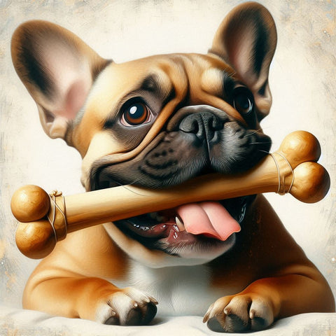 Image of Diamond painting of a playful dog holding a bone in its mouth. 