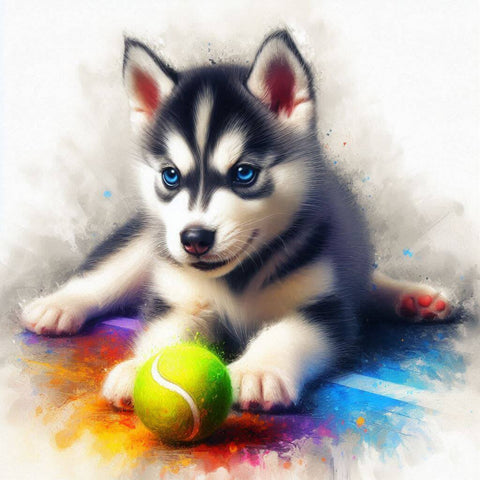 Image of Playful Husky Puppy with Tennis Ball Diamond Painting