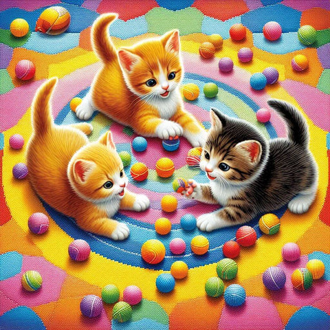 Image of adorable diamond painting of three kittens playing with colorful balls on a patterned rug