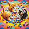 adorable diamond painting of three kittens playing with colorful balls on a patterned rug