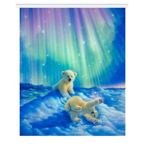 Image of Diamond Painting of Two Polar Bear Cubs Playing Under the Northern Lights