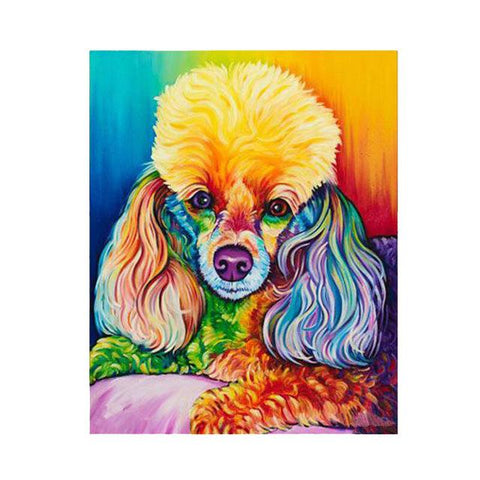 Image of Diamond painting of a poodle dog in pop art style with a colorful background.