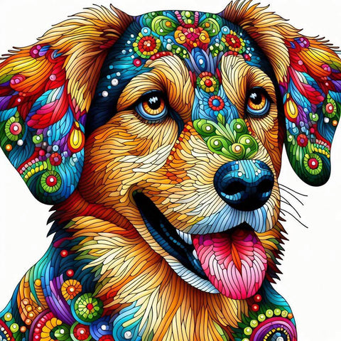 Image of vibrant diamond painting of a dog with psychedelic patterns and bold colors