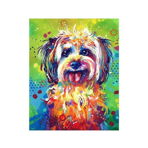 Image of Diamond painting of a pop art portrait of a colorful dog.