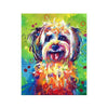 Diamond painting of a pop art portrait of a colorful dog.