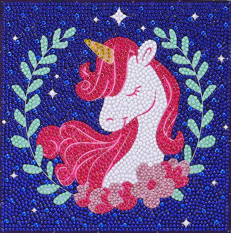 Image of Diamond painting featuring a colorful unicorn on a blue background.